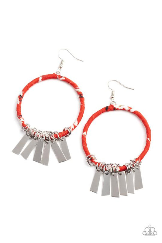 Garden Chimes - Red Floral Fabric Paparazzi Earrings