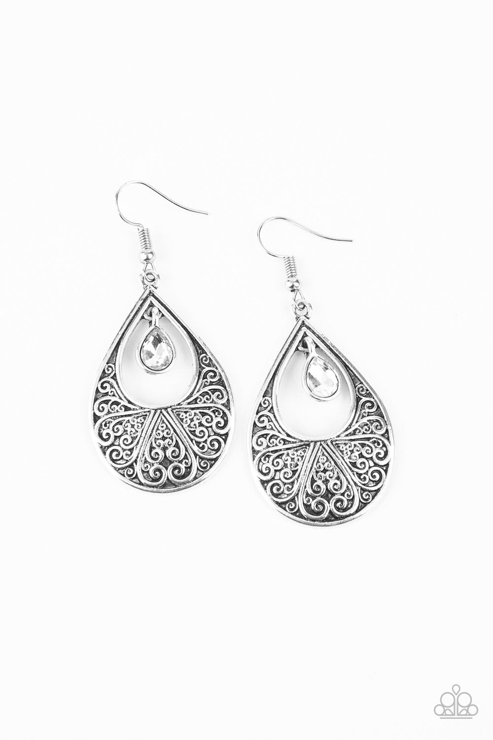 Garden Magic - White Rhinestone Swinging Teardrop Paparazzi Earrings
