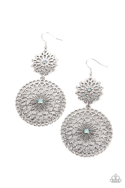 Garden Mantra - Blue Opal Rhinestone Center/Silver Floral Frame Paparazzi Earrings