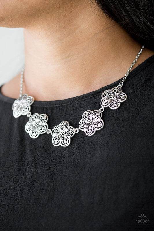 Garden Groove - Silver Ornate Flower Paparazzi Necklace & matching earrings