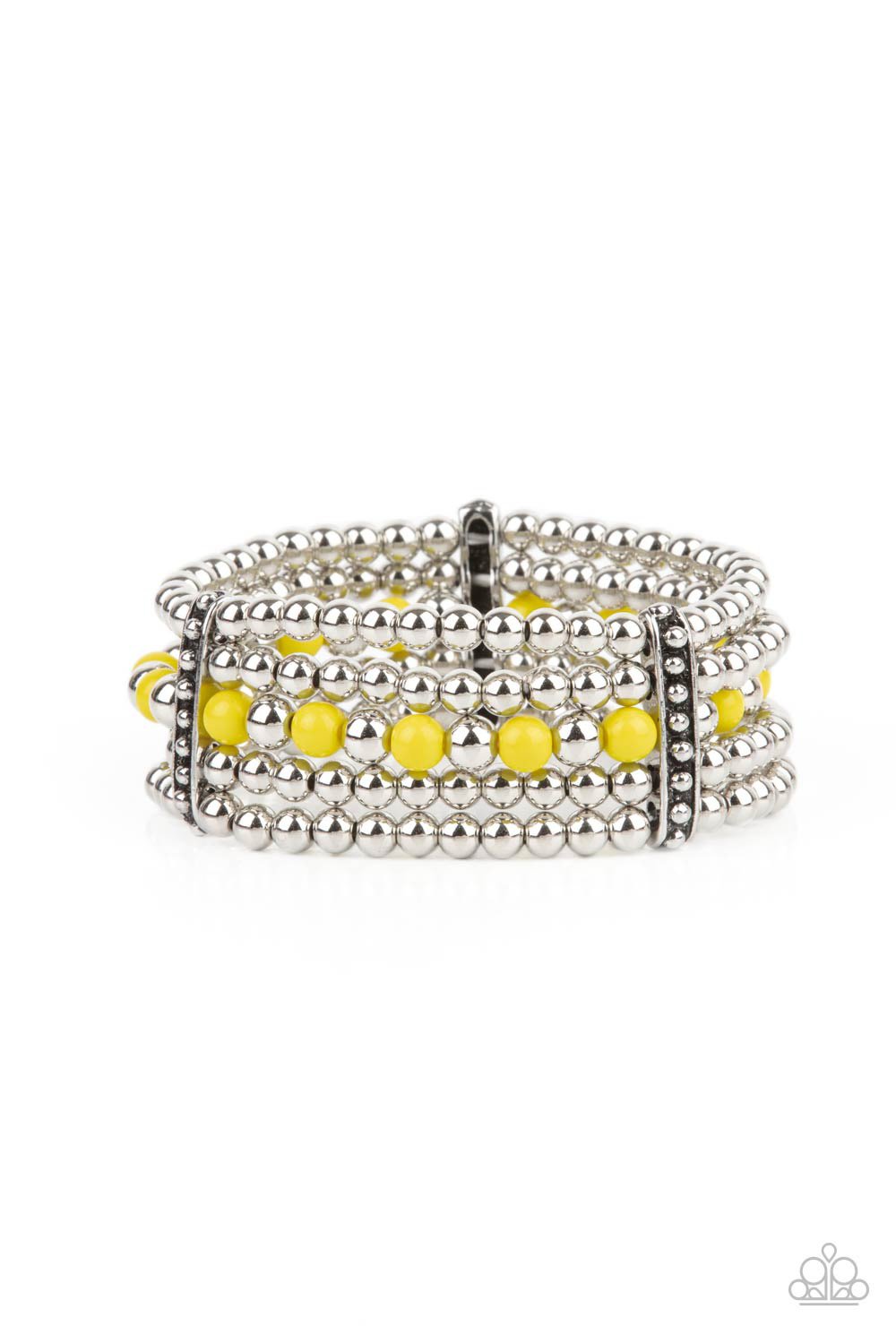 Gloss Over The Details - Yellow & Silver Beaded Stretch Paparazzi Bracelet