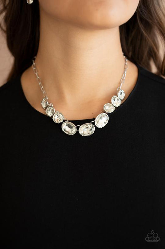 Gorgeously Glacial - White Oversized Rhinestone Paparazzi Necklace & matching earrings - June Life Of The Party Exclusive
