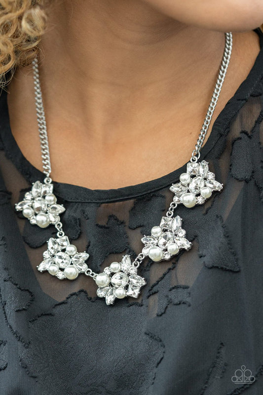 HEIRESS of Them All - White Pearl & Rhinestone Cluster Paparazzi Necklace & matching earrings
