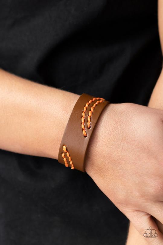 Harmonic Horizons - Orange Stitched Cording/Brown Leather Paparazzi Snap Bracelet