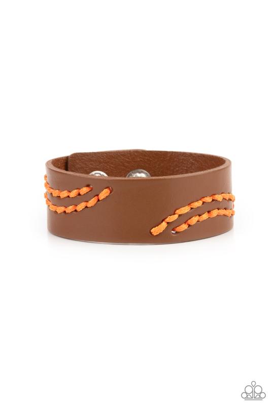 Harmonic Horizons - Orange Stitched Cording/Brown Leather Paparazzi Snap Bracelet