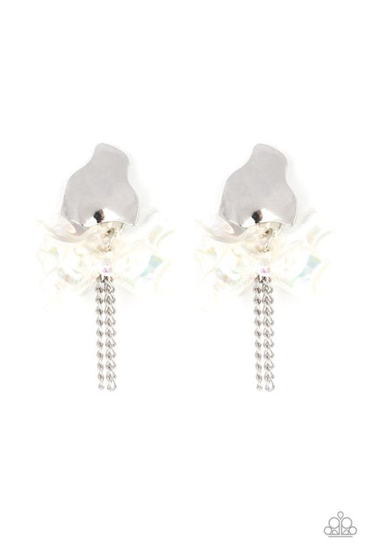Harmonically Holographic - White Iridescent Petals/Dainty Silver Chain Paparazzi Earrings