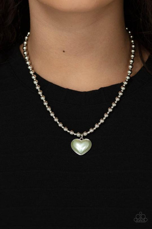 Heart Full of Fancy - Green Pearl Heart Pendant Paparazzi Necklace & matching earrings