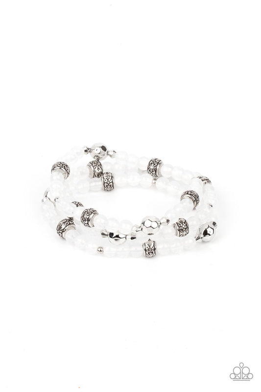 Here to STAYCATION - White Glassy Beads, Floral Accents, & Faceted Silver Beaded Set of 3 Paparazzi Stretch Bracelets