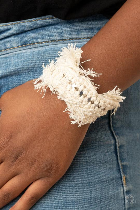 Homespun Hardware - White Macramé Inspired Paparazzi Cuff Bracelet