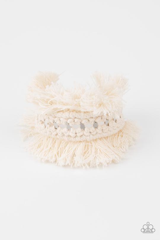 Homespun Hardware - White Macramé Inspired Paparazzi Cuff Bracelet