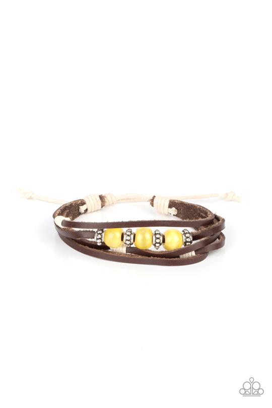 Homespun Radiance - Yellow Cat's Eye Stone Beads, Silver Accents, & Layered Leather Band Paparazzi Urban Bracelet