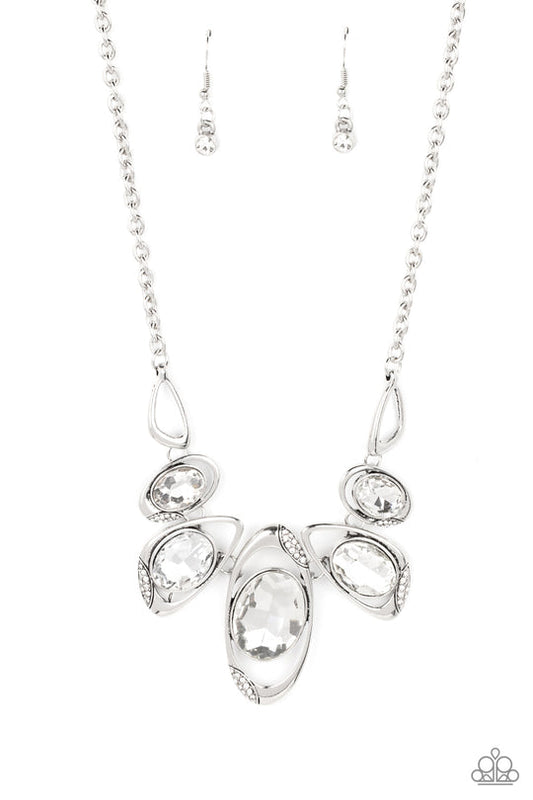 Hypnotic Twinkle - White Rhinestones and Asymmetrical Silver Frame Paparazzi Necklace & matching earrings