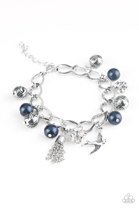 Lady Love Dove - Blue Pearls/Silver Beads/White Rhinestone Encrusted Accent/Silver Bird Charm Adjustable Bracelet