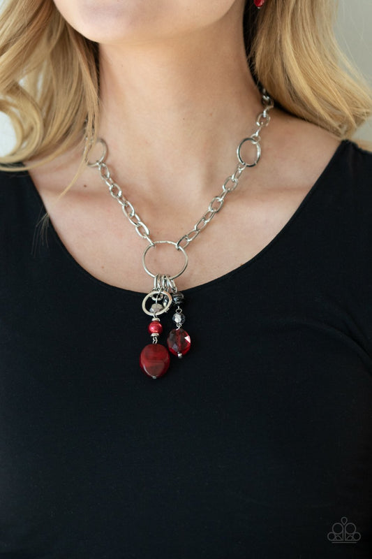 Lay Down Your CHARMS - Red, Black, & Silver Beaded Charm Paparazzi Necklace & matching earrings