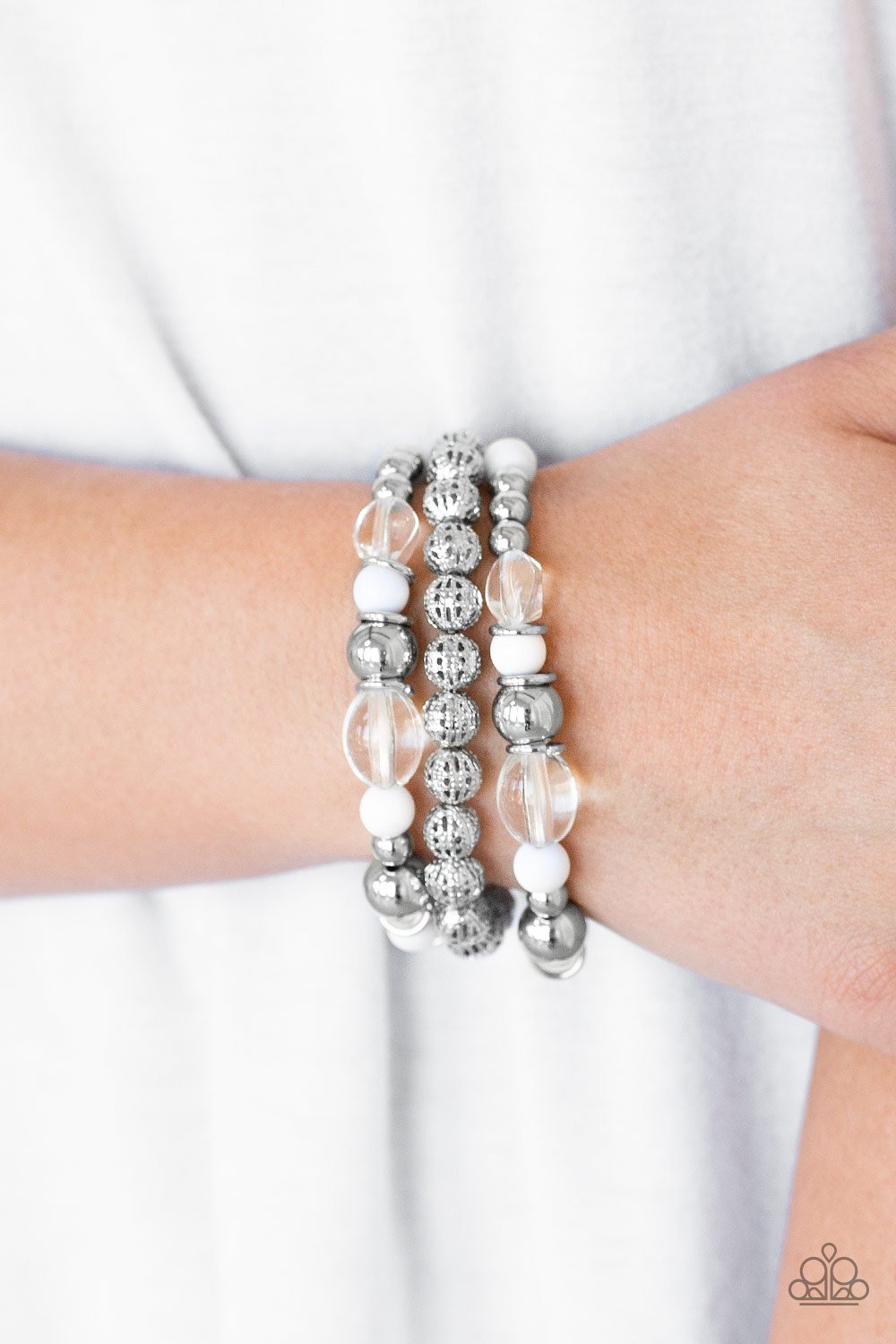 Malibu Marina - White Beads & Mismatched Silver Accents Set of 3 Paparazzi Stretch Bracelets