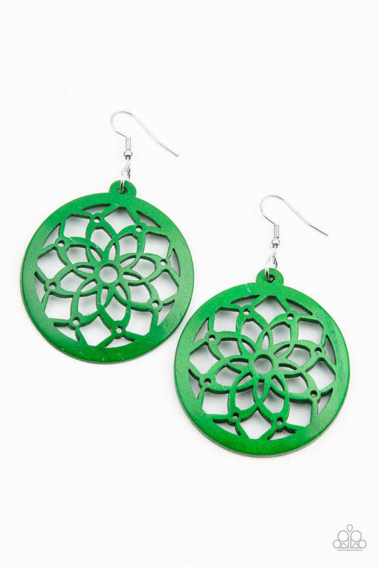 Mandala Meadow - Green Wooden Airy Mandala-Like Pattern Paparazzi Earrings