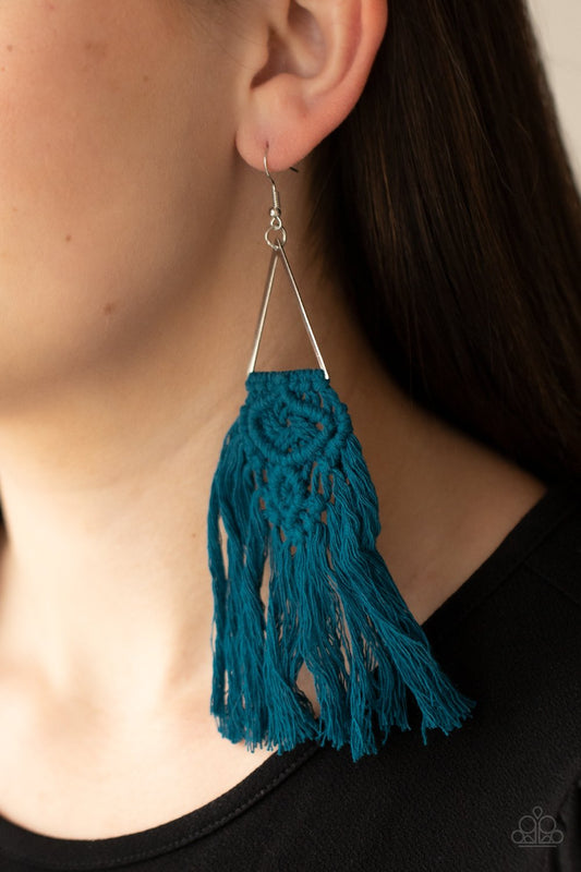 Modern Day Macrame - Blue Threaded Ornately Knotted Tassel Paparazzi Earrings