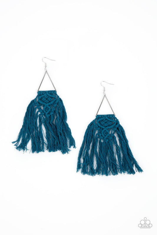 Modern Day Macrame - Blue Threaded Ornately Knotted Tassel Paparazzi Earrings