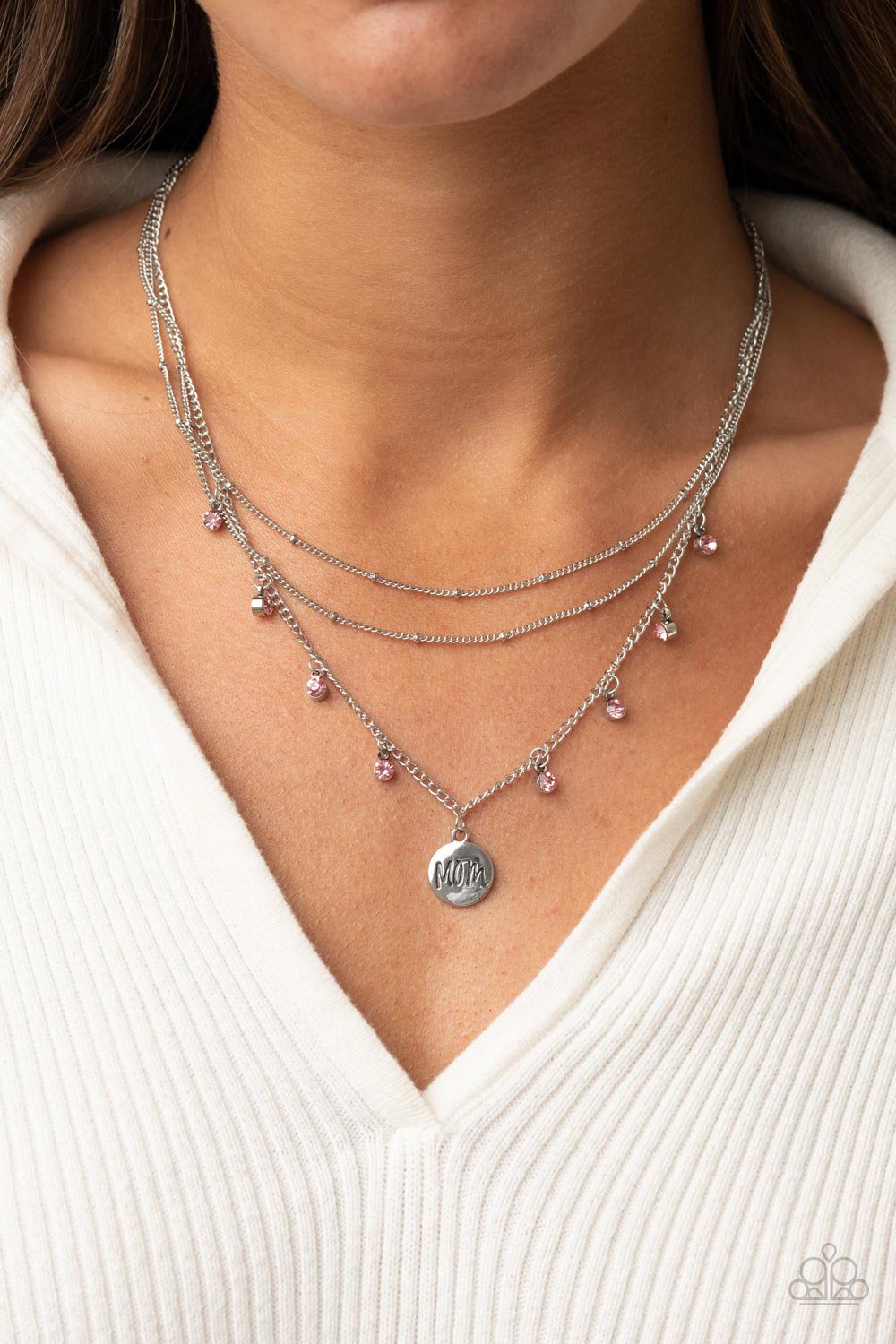 Ode To Mom - Pink Rhinestone "Mom" Pendant Paparazzi Necklace & matching earrings.
