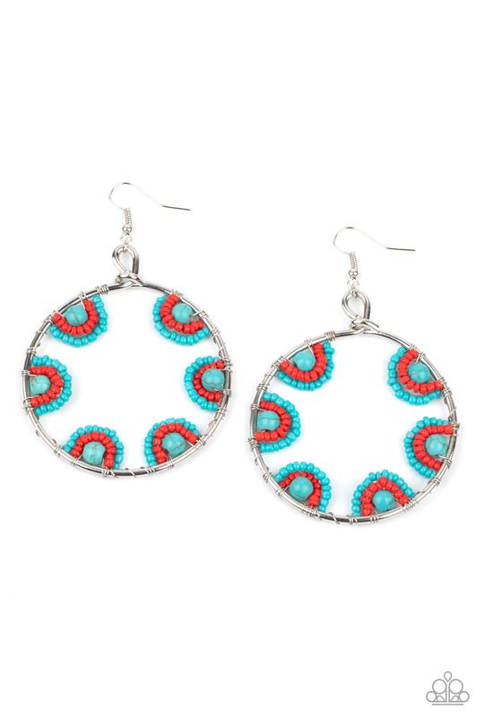 Off The Rim - Blue & Red Seed Beads/Turquoise Stone Paparazzi Loop Earrings