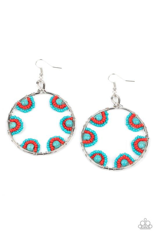 Off The Rim - Blue & Red Seed Beads/Turquoise Stone Paparazzi Loop Earrings