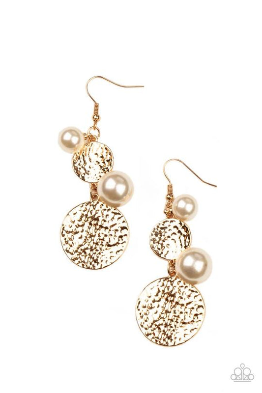 Pearl Dive - Gold Hammered Disc/White Pearl Paparazzi Earrings