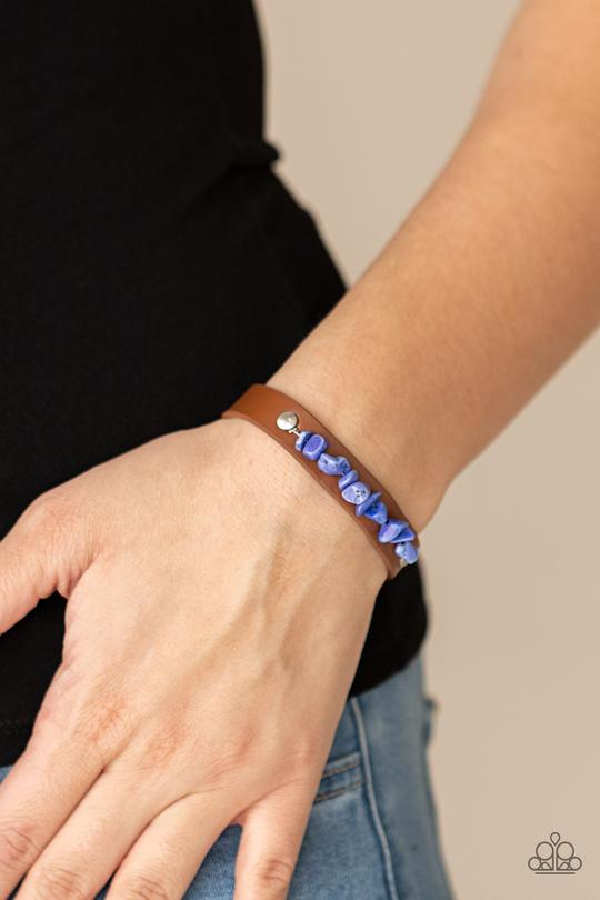 Pebble Paradise - Blue Pebble & Brown Leather Paparazzi Snap Bracelet