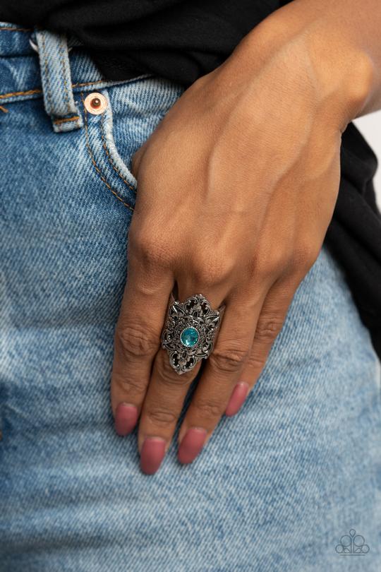 Perennial Posh - Blue Rhinestone & Scalloped Silver Frame Paparazzi Ring