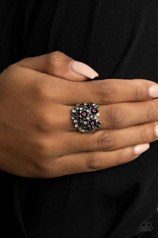 Perfectly Perennial - Pink Rhinestone/Sliver Floral Frame Paparazzi Ring