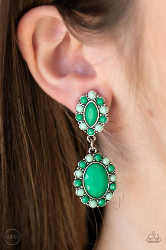 Positively Pampered - Green Mint and Ash Beaded Paparazzi CLIP-ON Earrings