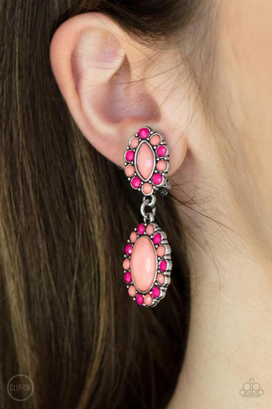 Positively Pampered - Orange Burnt Coral & Raspberry Sorbet Beaded Paparazzi CLIP-ON Earrings