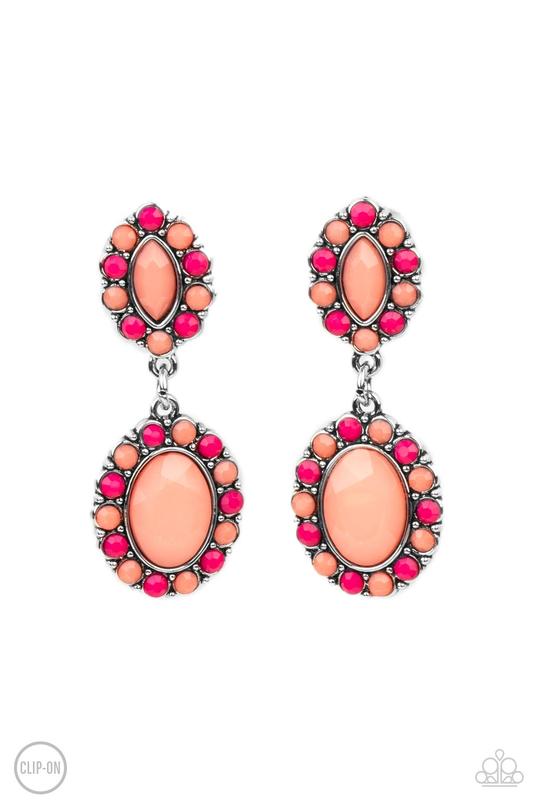 Positively Pampered - Orange Burnt Coral & Raspberry Sorbet Beaded Paparazzi CLIP-ON Earrings