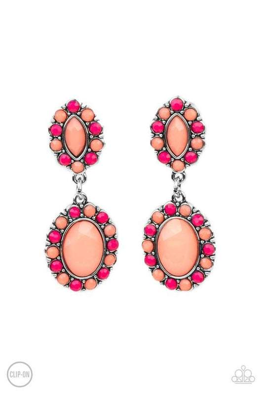 Positively Pampered - Orange Burnt Coral & Raspberry Sorbet Beaded Paparazzi CLIP-ON Earrings