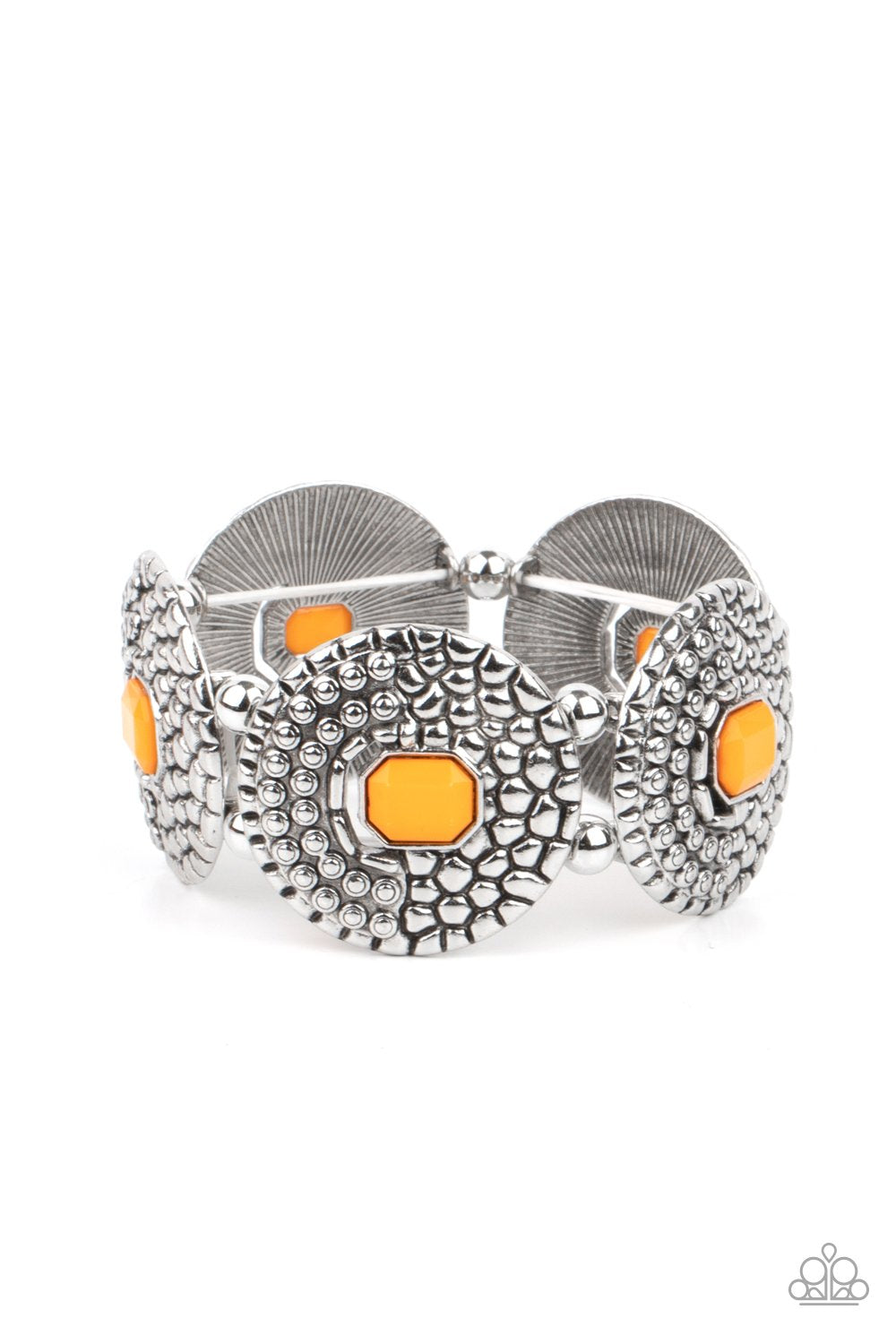 Prismatic Prowl - Orange Marigold Enerald Shaped Bead/Silver Metallic Croc-Like Texture Paparazzi Stretch Bracelet