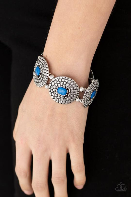 Prismatic Prowl - Blue Emerald-Shaped Beaded Silver Studded Disc Paparazzi Stretch Bracelet