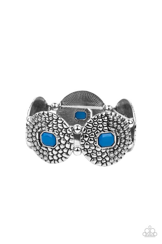 Prismatic Prowl - Blue Emerald-Shaped Beaded Silver Studded Disc Paparazzi Stretch Bracelet