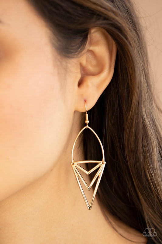 Proceed with Caution - Gold Edgy Triangular Frame Tribal Inspired Paparazzi Earrings