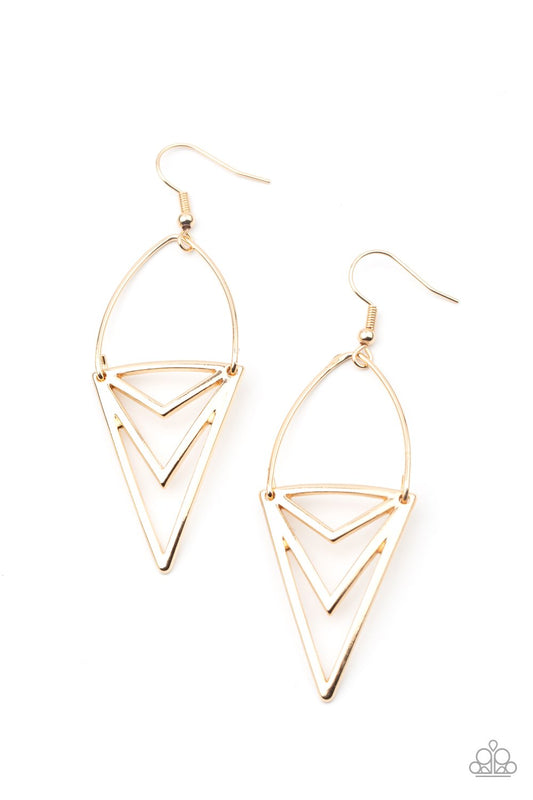 Proceed with Caution - Gold Edgy Triangular Frame Tribal Inspired Paparazzi Earrings