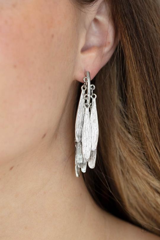 Pursuing The Plumes - Silver Petal-Like Plume Cluster Paparazzi Earrings