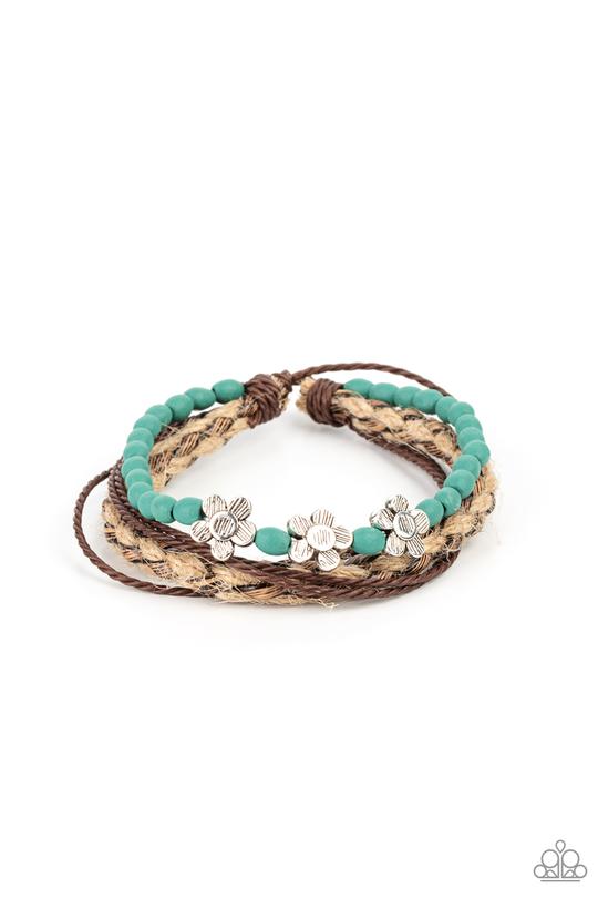 Raffia Remix - Blue/Turquoise Wooden Beads & Silver Etched Flower Paparazzi Urban Bracelet