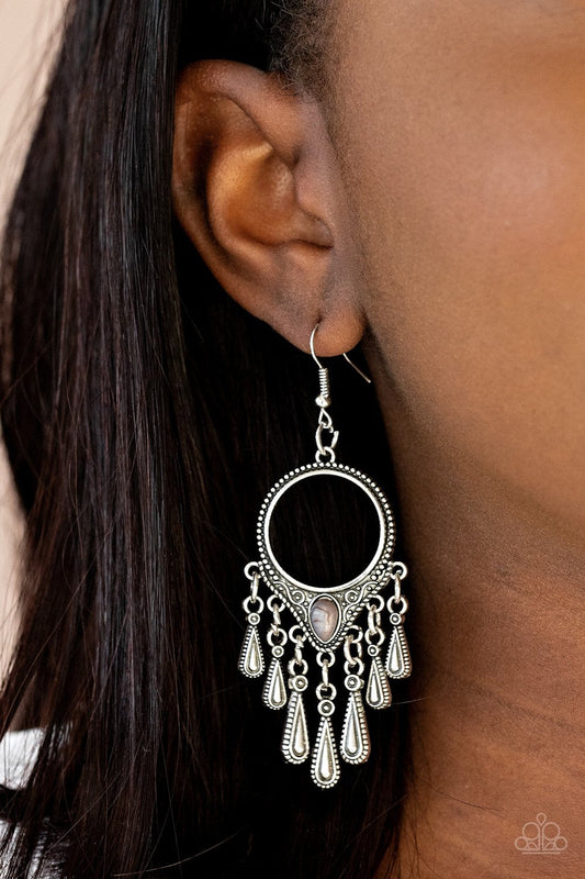Ranger Rhythm - Silver Studded Hoop, Gray Stone, Silver Teardrop Bead Fringe Paparazzi Earrings