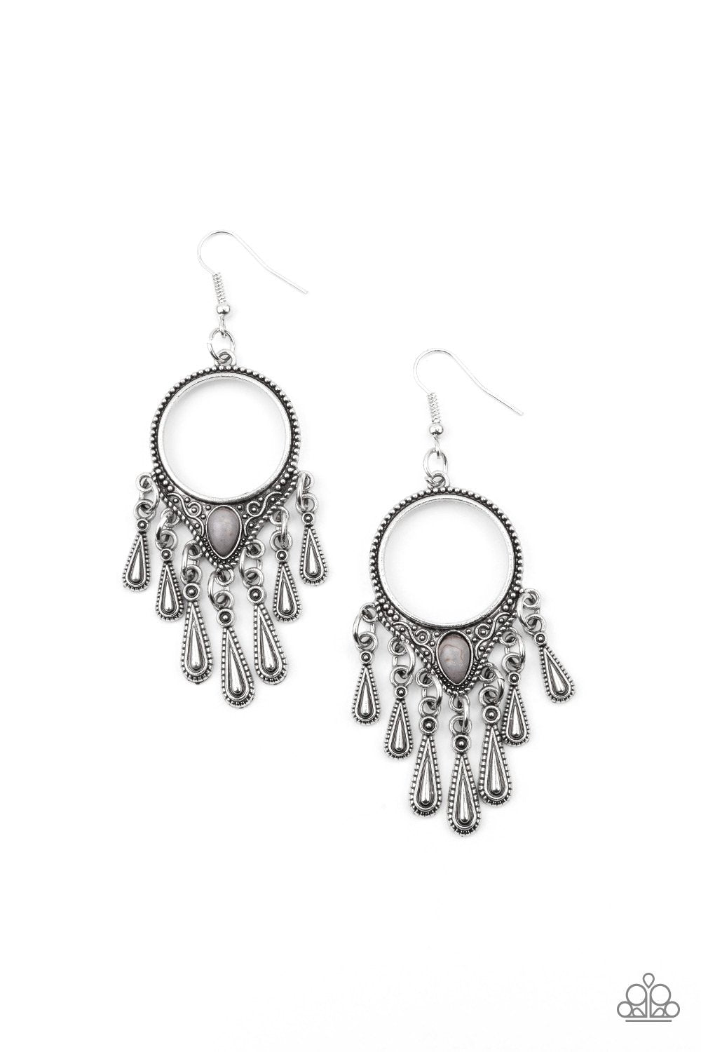 Ranger Rhythm - Silver Studded Hoop, Gray Stone, Silver Teardrop Bead Fringe Paparazzi Earrings