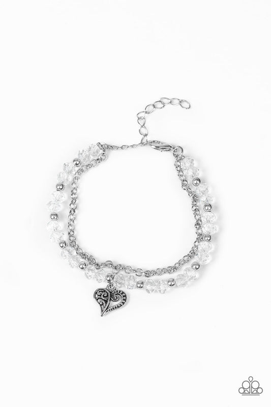 Rare Romance - White Beads/Dainty Silver Heart Charm Paparazzi Adjustable Bracelet