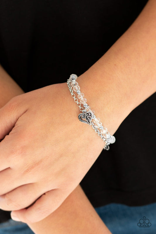 Rare Romance - White Beads/Dainty Silver Heart Charm Paparazzi Adjustable Bracelet