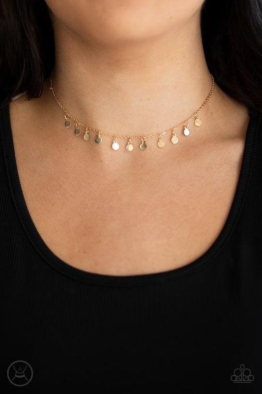 Ready, Set, DISCO! - Gold Disc Paparazzi Choker Necklace & matching earrings