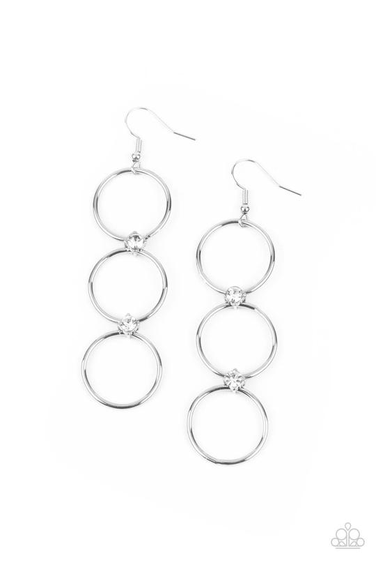 Refined Society - White Rhinestone Accents/Three Joined Silver Hoops Paparazzi Earrings