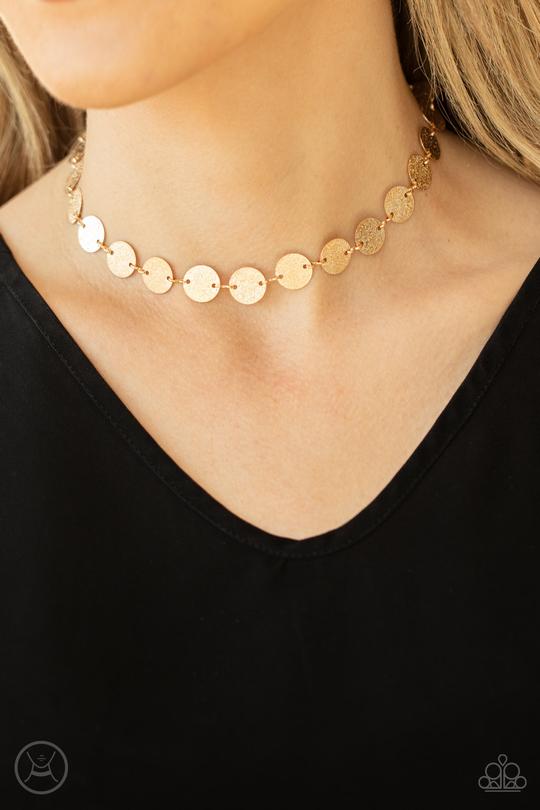 Reflection Detection - Gold Disc Paparazzi Choker Necklace & matching earrings