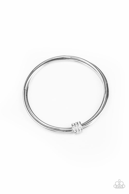 Roll Out The Rhinestones - White Rhinestone Fitting & Trio of Silver Bangles Paparazzi Earrings