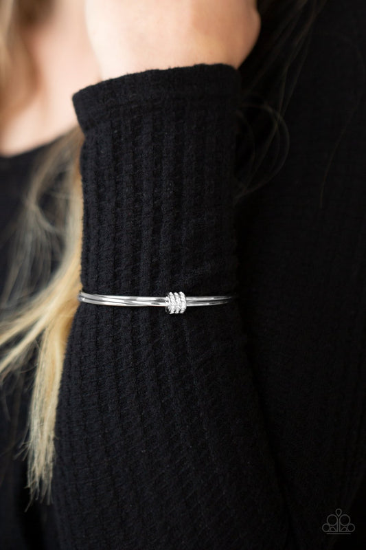 Roll Out The Rhinestones - White Rhinestone Fitting & Trio of Silver Bangles Paparazzi Earrings