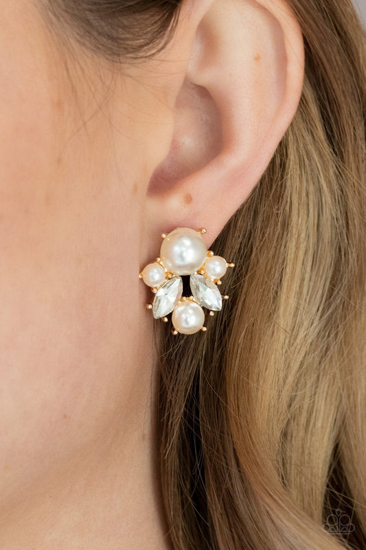 Royal Reverie - Gold & White Pearl Cluster Paparazzi Post Earrings